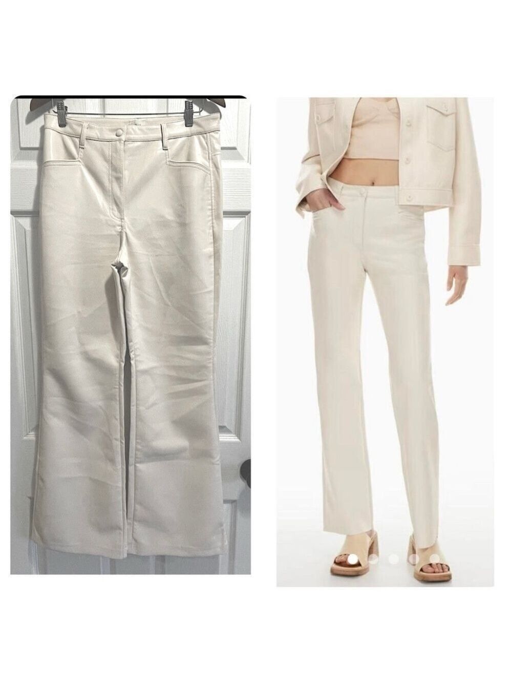 Aritzia WILFRED Beatrix Cream Faux Vegan Leather Pants Flare Leg size 10